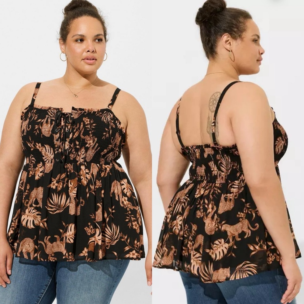 Torrid Leopards Babydoll Chiffon Smocked Cami Top